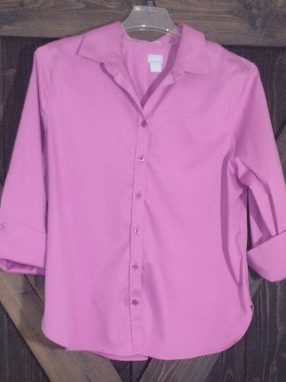 Chico's Women Pink Button Up 3/4 Sleeve Shirt Sz 2.5 US 14 Workwear